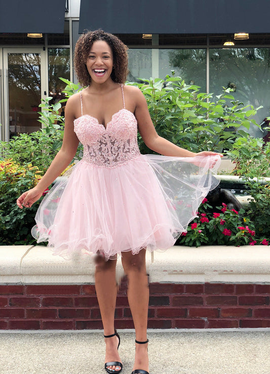 Pink Spaghetti Straps Sweetheart A Siena Line Organza Pleated Homecoming Dresses Lace Sexy