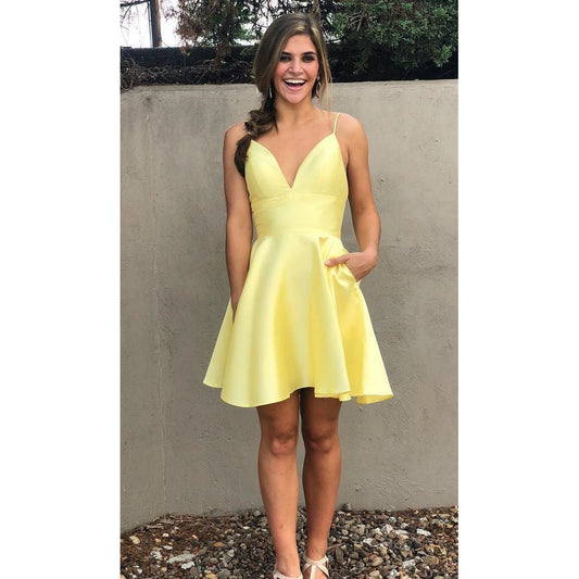 Kaitlyn Spaghetti Homecoming Dresses Straps V Neck A Line Satin Pleated Light Yellow Simple