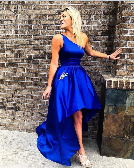 Royal Blue One Homecoming Dresses Shoulder High Low Satin Pleated Sleeveless Ball Mollie Gown