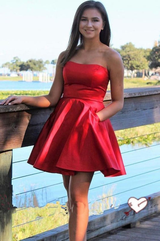Satin Strapless Sweetheart A Line Aurora Pleated Homecoming Dresses Sexy Short Simple