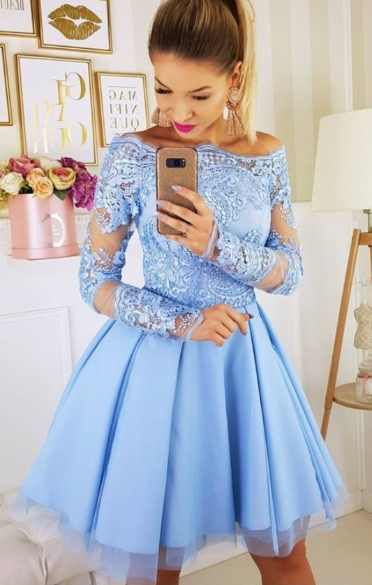 Kendall Long Sleeve Homecoming Dresses Off The Shoulder Lace Appliques A Line Pleated Tulle Short