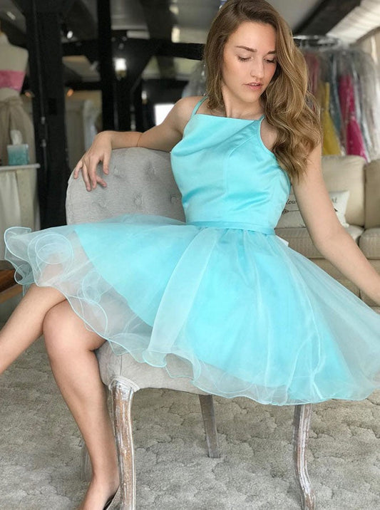 Spaghetti Straps A Camryn Line Pleated Homecoming Dresses Organza Blue Knee Length