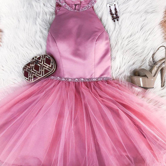 Halter Tulle Pink Sleeveless Short Homecoming Dresses Pleated Simple Beading Lucy A Line