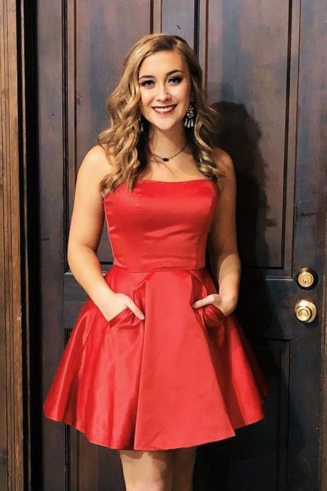 Strapless A Homecoming Dresses Line Tianna Red Satin Pleated Pockets Short Elegant Sexy