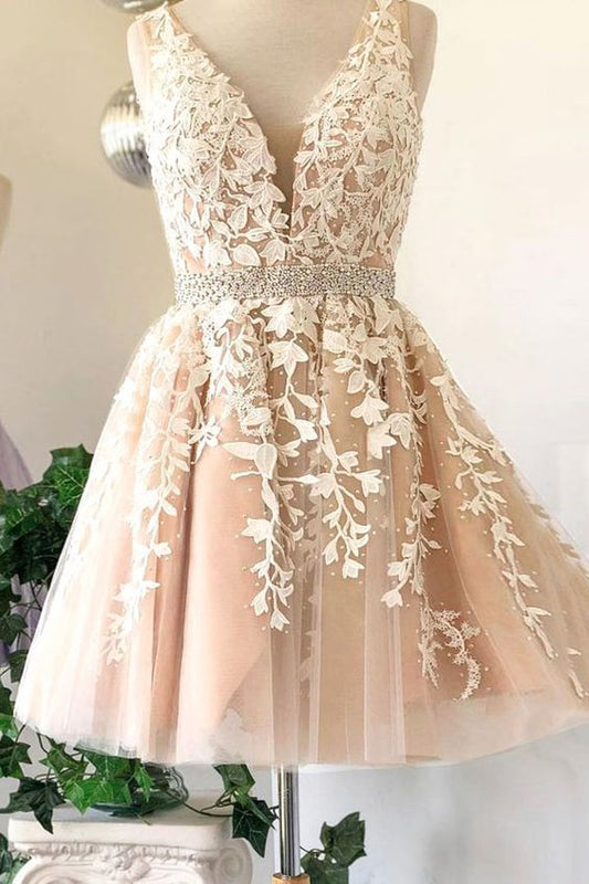 Deep V Neck Ivory Homecoming Dresses Sleeveless A Line Tulle Lace Appliques Armani Pleated