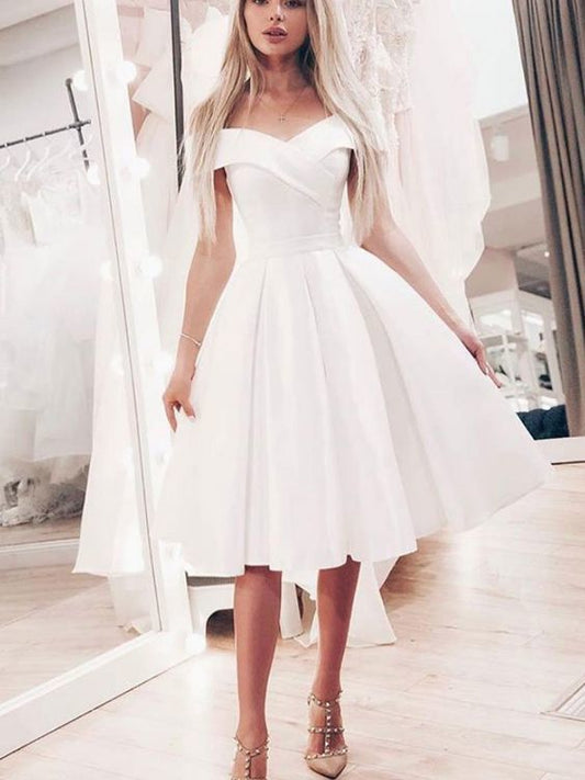 Off Homecoming Dresses The Shoulder A Line Ivory Pleated Lilliana Knee Length Satin
