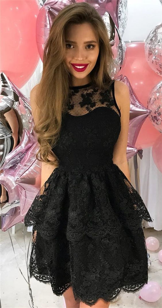 Sheer Halter Homecoming Dresses Sleeveless Tiered Lace Black A Denisse Line Flowers Short