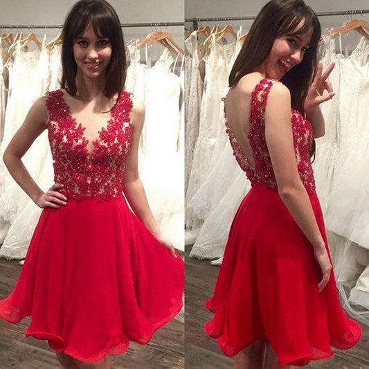 A Yaritza Line Sheer Red Appliques Organza Pleated Backless Homecoming Dresses Short Sleeveless