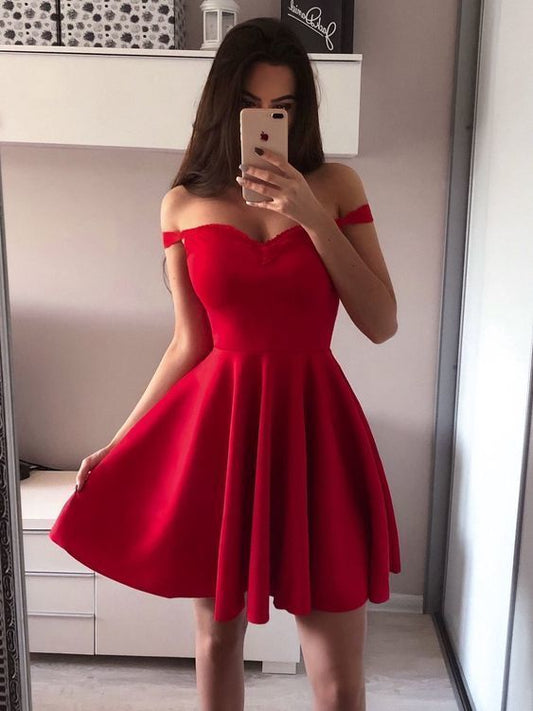Sherlyn A Line Red Homecoming Dresses Off The Shoulder Sweetheart Pleated Short Satin