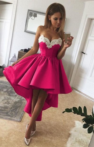 Homecoming Dresses High Low Fuchsia A Cristina Line Strapless Sweetheart Appliques Pleated