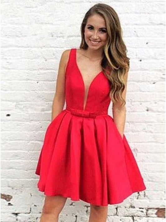 Sleeveless Red A Kristin Line Homecoming Dresses Pleated Satin Deep V Neck Short Simple Sexy