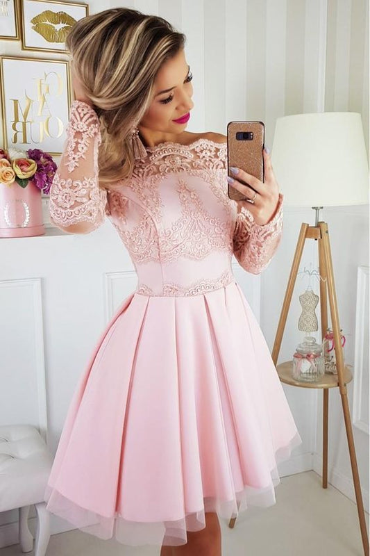 Pink Lace Chasity Off The shoulder Homecoming Dresses Appliques Long Sleeve A Line Tulle Short