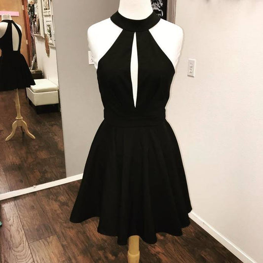 Halter Black Sleeveless Homecoming Dresses Cut Out A Line Pleated Satin Backless Zoe Short