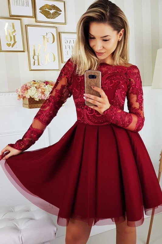 Burgundy Long Emilie Sleeve Bateau A Homecoming Dresses Line Appliques Lace Tulle Pleated