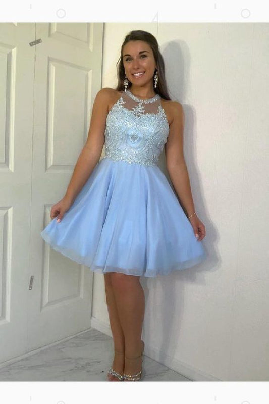 Homecoming Dresses Halter A Line Laci Pleated Tulle Appliques Knee Length Sleeveless
