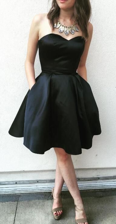 Black Homecoming Dresses Strapless Sweetheart A Line Pockets Chloe Satin Backless Pleated