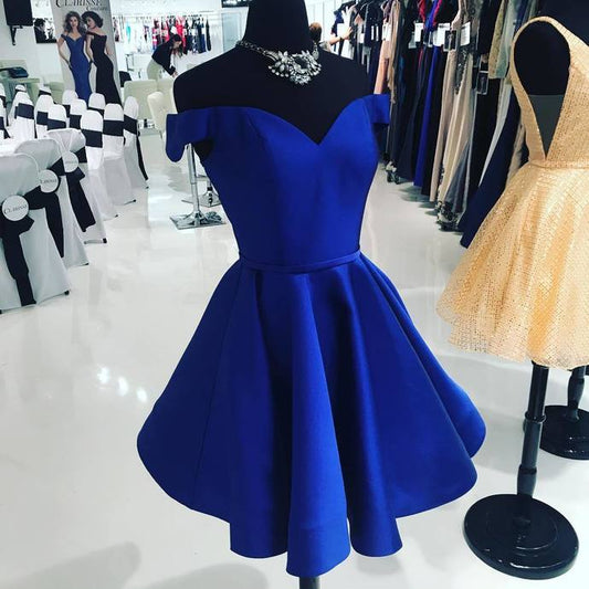 Royal blue Homecoming Dresses Off The Renee Shoulder V Neck A Line Satin Pleated Short
