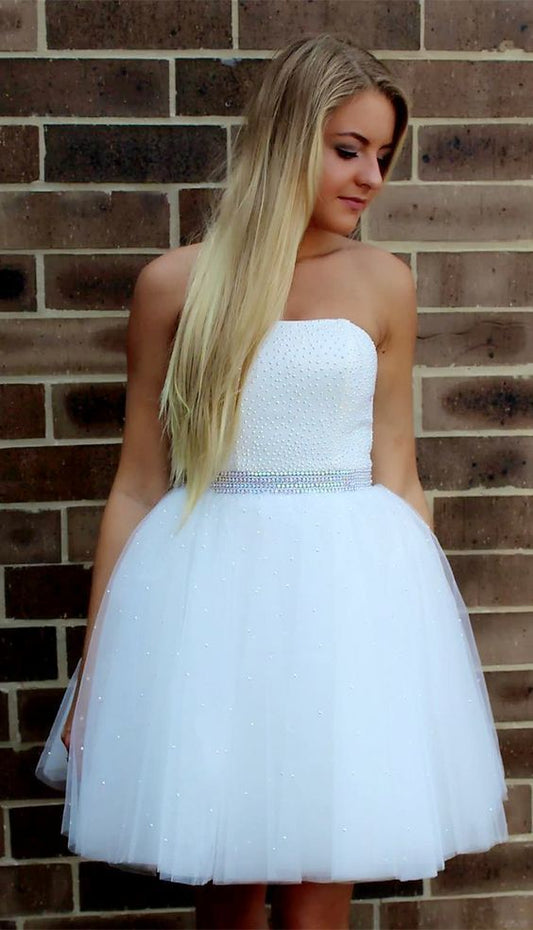 Strapless Ball Gown Tulle Beading Short White Jacquelyn Pleated Homecoming Dresses Princess