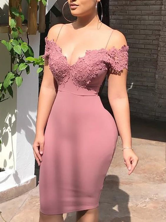 Haven Dusty Rose Sheath Spaghetti Straps V Neck Homecoming Dresses Off The Shoulder Appliques Satin