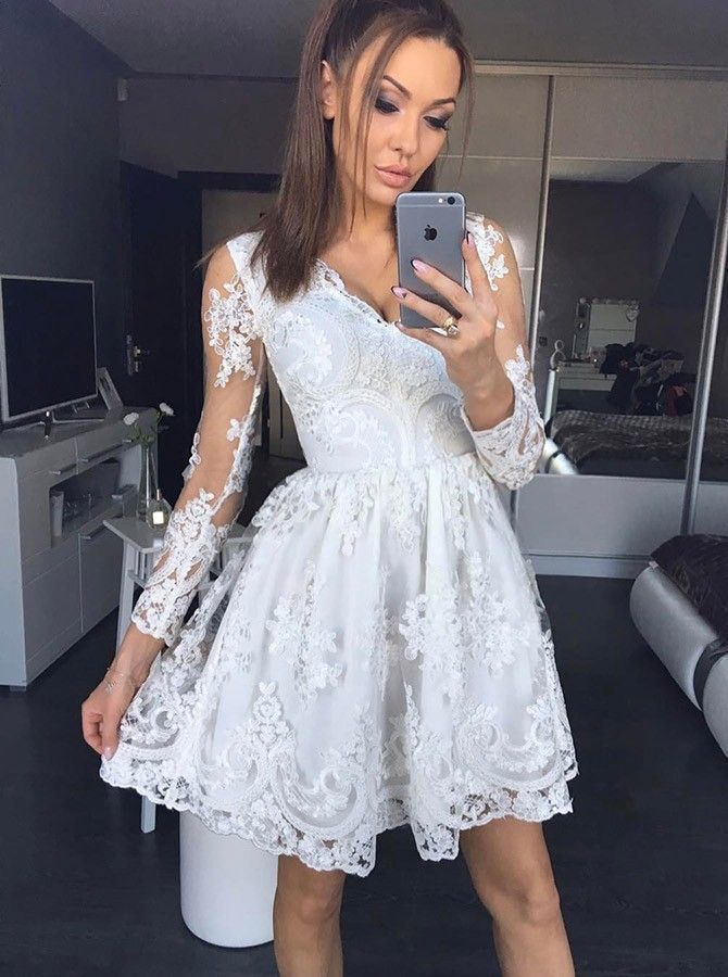 Long Sleeve White Deep V Vanessa Neck A Line Lace Pleated Homecoming Dresses Sheer Short