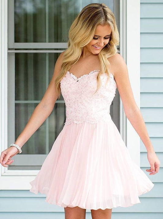 Homecoming Dresses Strapless Sweetheart Chiffon Aleah A Line Pleated Appliques Blushing Pink Short