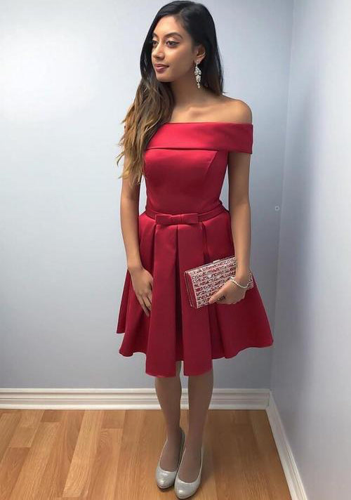 Off The Shoulder Red A Line Pleated Bowknot Diana Elegant Satin Knee Homecoming Dresses Length
