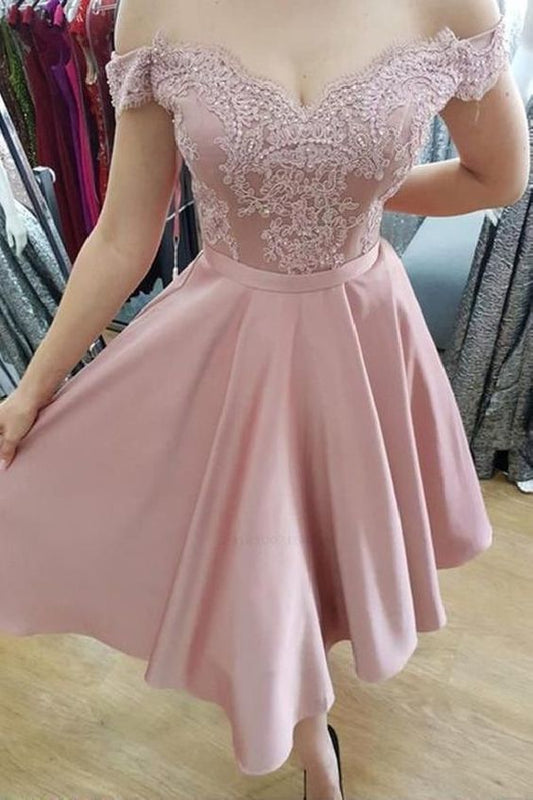 Dusty Homecoming Dresses Rose Lace Off The Shoulder A Line Satin Evie Pleated Short