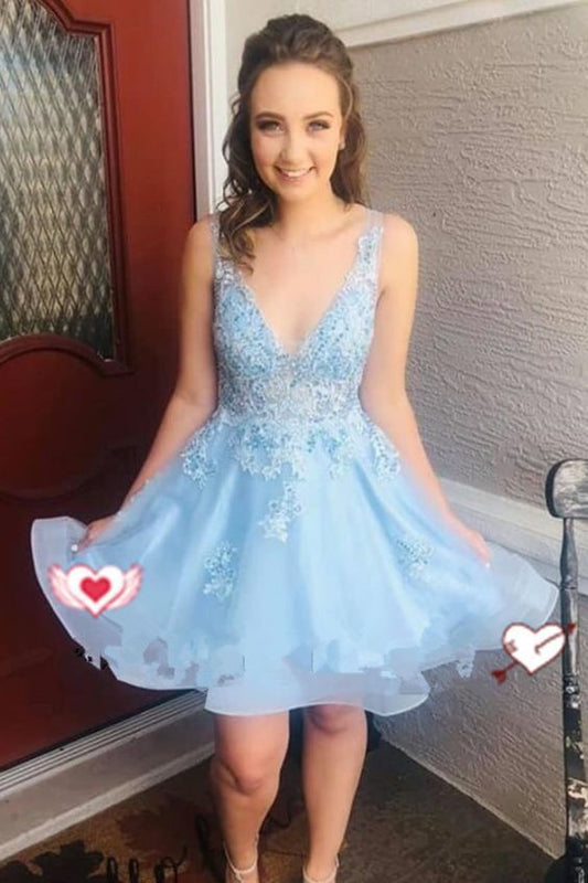 Organza A Line Guadalupe Deep V Neck Sleeveless Appliques Blue Homecoming Dresses Flowers