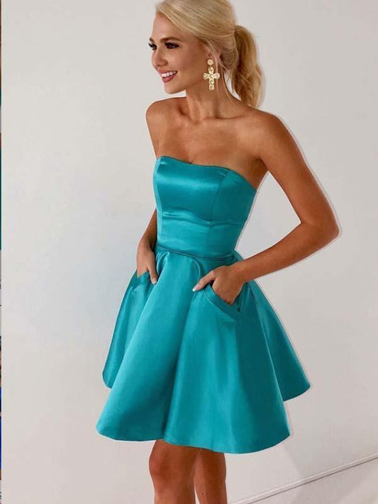 Arielle Teal Strapless Homecoming Dresses A Line Short Pleated Satin Backless Pockets
