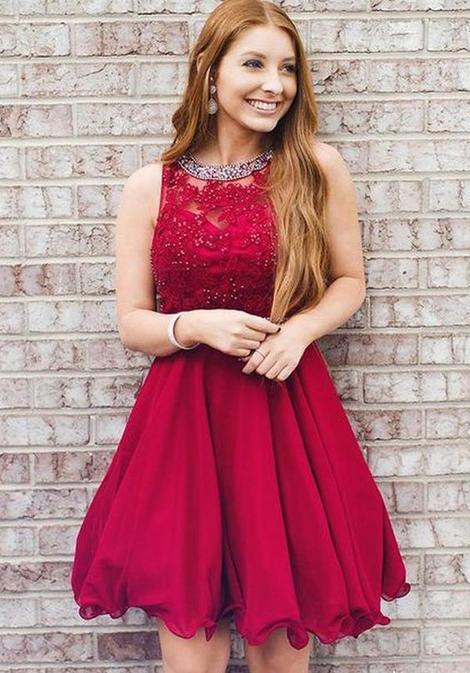 A Line Halter Homecoming Dresses Sleeveless Pleated Red Lace Jessica Appliques Short Organza