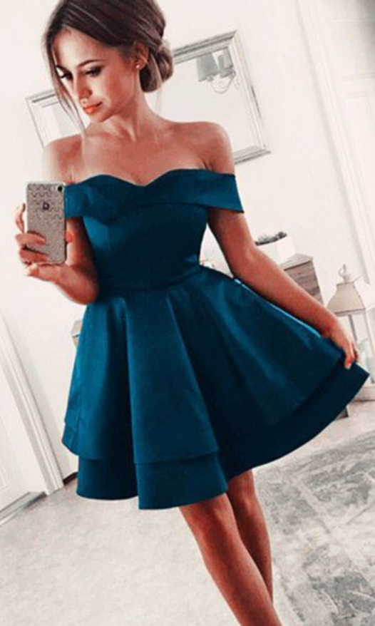 Ina A Line Off The Shoulder Satin Tiered Homecoming Dresses Pleated Short Elegant Tiered