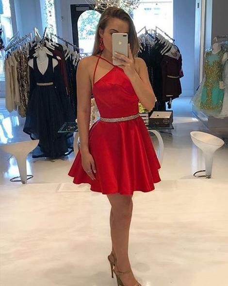 Halter Homecoming Dresses Spaghetti Gillian Straps A Line Satin Sexy Pleated Short Red Simple