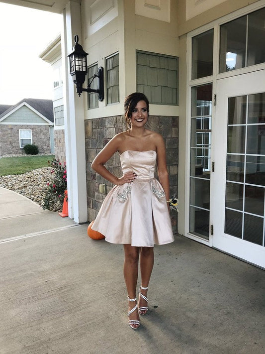 Strapless Homecoming Dresses A Line Pleated Lucille Satin Sexy Rhinestone Short Ivory