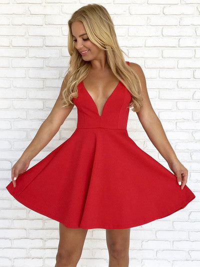 Red A Line Homecoming Dresses Pleated Backless Satin Straps Deep V Neck Rubi Short Sexy