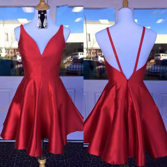 Deep V Neck Red Homecoming Dresses Straps Backless Sleeveless Heidi A Line Satin Pleated