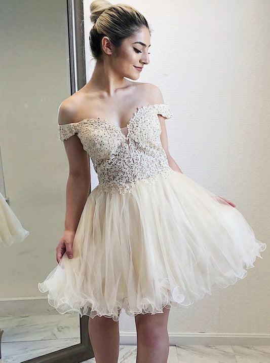 Off The Jaylene Shoulder Lace Homecoming Dresses Appliques Organza A Line Pleated V Neck Ivory