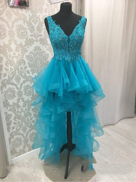 Blue Aaliyah V Neck High Low Organza Pleated Appliques Backless Homecoming Dresses Sleeveless