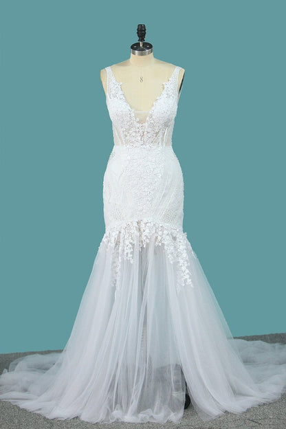 2024 Spaghetti Straps Tulle Mermaid Wedding Dresses With Applique Open Back