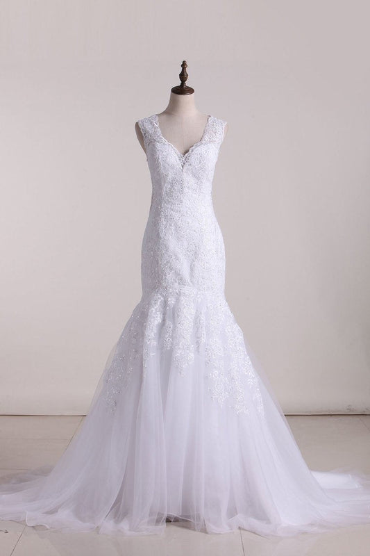 2024 Tulle Wedding Dresses V Neck With Applique Mermaid Chapel Train