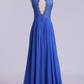 V Neck Cap Sleeves Prom Dresses Chiffon Floor Length With Applique & Sash Backless
