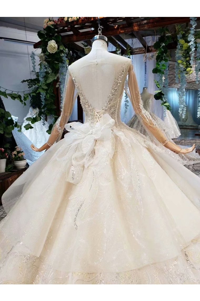 Ball Gown Wedding Dresses Scoop Long Sleeves Top Quality Appliques Tulle Beading