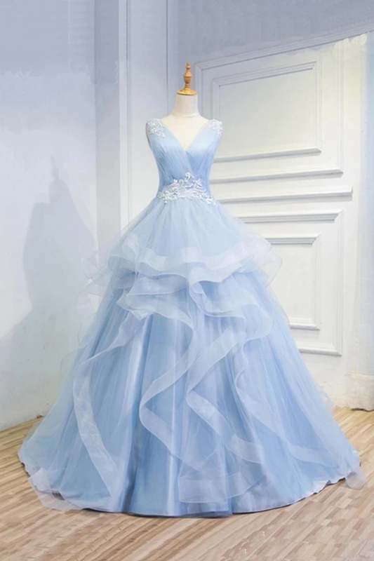 Puffy V Neck Sleeveless Tulle Prom Dress With Appliques Quinceanera SRSP4EM4EZY