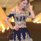 A-Line Off-the-Shoulder Homecoming Dresses Short Sleeves Lillian Navy Blue Chiffon 2024 with Appliques