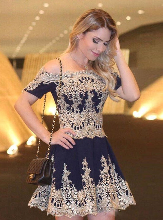 A-Line Off-the-Shoulder Homecoming Dresses Short Sleeves Lillian Navy Blue Chiffon 2024 with Appliques