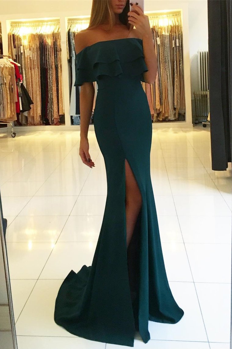 Mermaid Boat Neck Evening Dresses With Slit Sweep Train