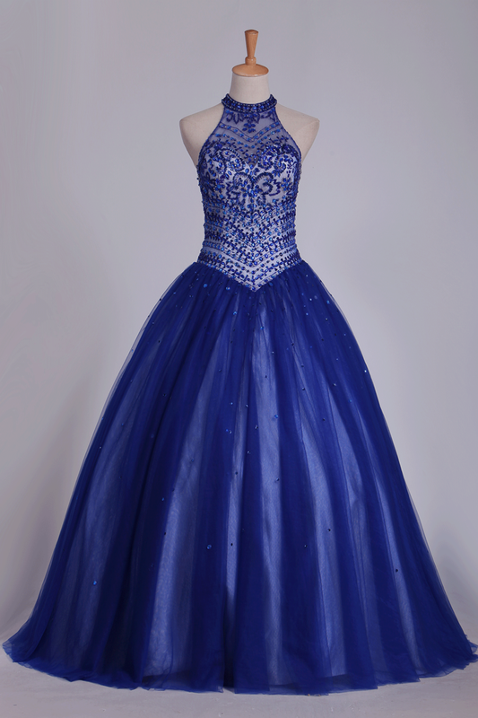 2024 Dark Royal Blue Halter Quinceanera Dresses Ball Gown Tulle With Beads & Rhinestones
