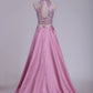 Open Back Two Pieces High Neck Prom Dresses A Line Satin With Beading