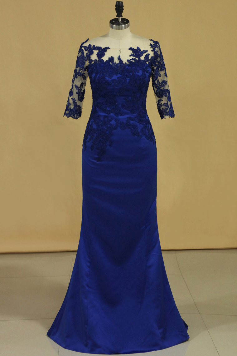 Bateau Dark Royal Blue Mother Of The Bride Dresses 3/4 Length Sleeve With Applique Satin Dark Royal Blue