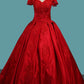 Off The Shoulder Satin Ball Gown Prom Dresses With Applique Sweep Train