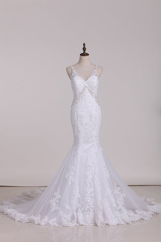 2024 Open Back Mermaid Spaghetti Straps Wedding Dresses Tulle With Applique And Beads